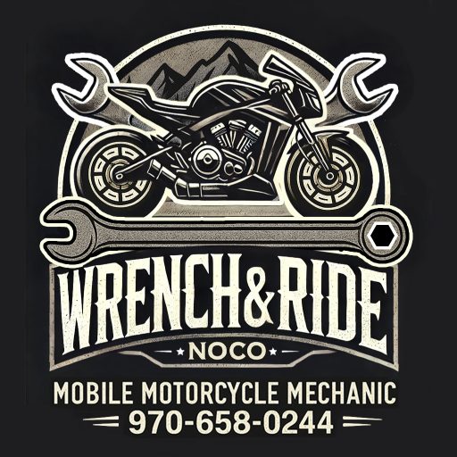 Wrench & Ride NoCo logo: motorcycle & wrench over mountain peaks